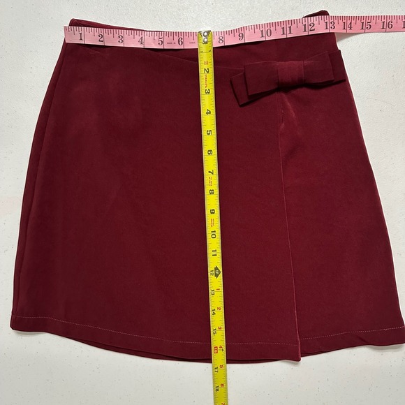 Sugar + Lips A-line Mini Skirt Bow Tie Accent Faux Wrap Burgundy Red Side Zip XS - Picture 5 of 6